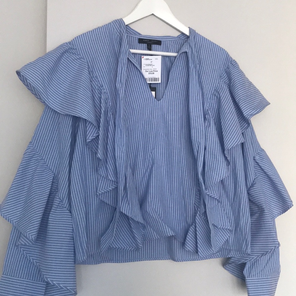 LARGE Blue/White Stripe Long Sleeved Ruffle Shirt